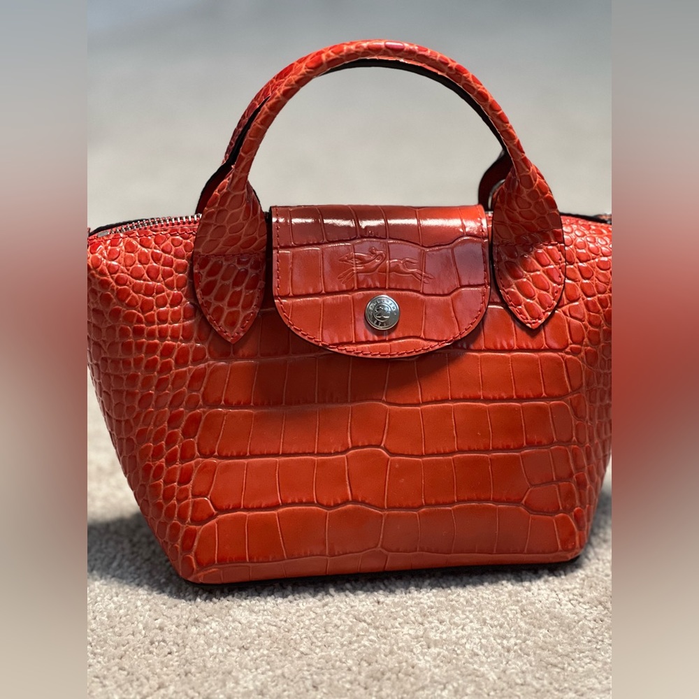 Longchamp XS Le Pliage Cuir Croco Top Handle Bag Leather with crossbody strap